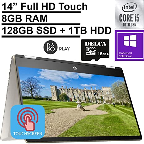 2020 HP Pavilion X360 2-in-1 Convertible Business Laptop | 14" FHD Touchscreen | 10th Gen Intel Core i5-10210U (&gt; i7-8550U) 8GB RAM 128GB SSD   1TB HDD | Backlit KB Win 10 Pro   Delca 16GB SD Card