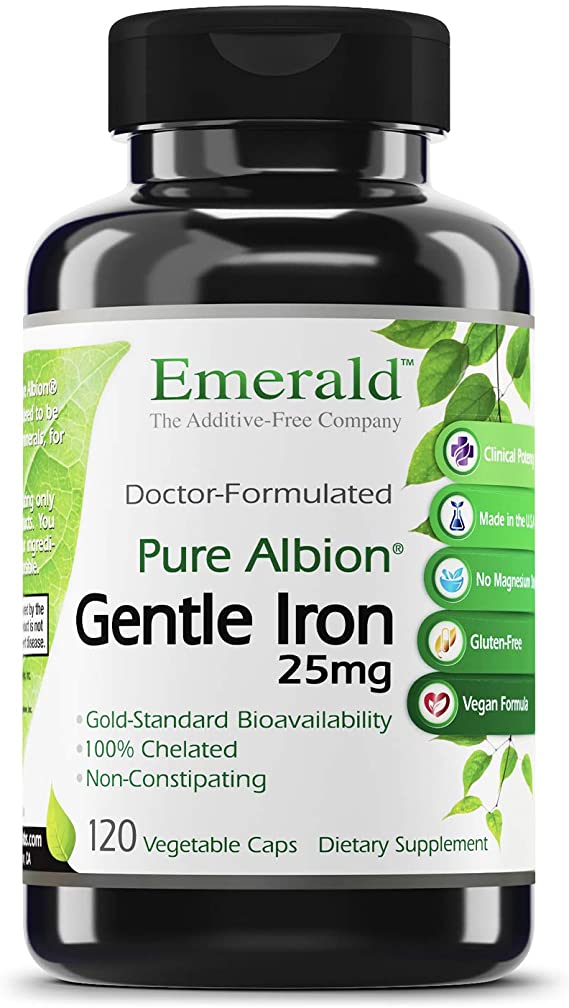 Emerald Labs Gentle Iron 25 mg (Pure Albion Chelated) to Support Relief of Constipation, Gold Standard Bioavailability - 120 Vegetable Capsules