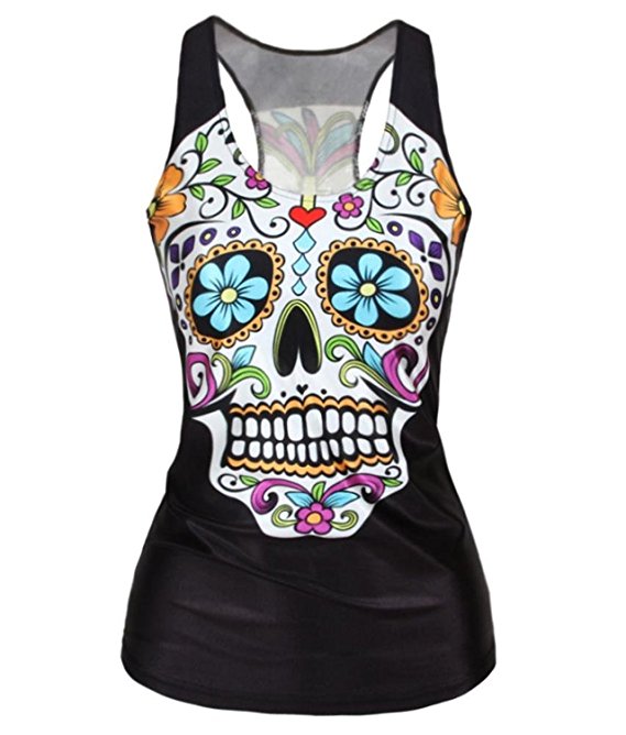 Ensasa Women's Fashion Skull Flower Death Camisole Halter Top Sleeveless T-shirt