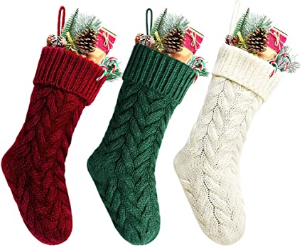 Kunyida 18 Inches Burgundy, Ivory, Green Knitted Christmas Stockings,3 Pack