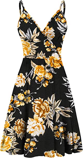 WEACZZY Womens Summer Dress Floral Spaghetti Strap Sleeveless V-Neck Casual Swing Sundress with Pockets