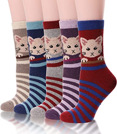 Womens Wool Socks Thick Heavy Thermal Winter Warm Fuzzy Cute Crew Socks For Cold Weather 5 Pack