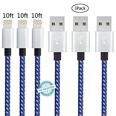 iPhone Cable - 3Pack 10FT, DANTENG Extra Long Charging Cord - Nylon Braided 8 Pin to USB Lightning Charger for iPhone 7,SE,5,5s,6,6s,6 Plus,iPad Air,Mini,iPod(BlueWhite)