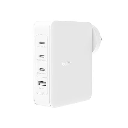 Belkin 140W GaN 4-Port (3X USB-C and 1x USB-A) PD 3.1 Fast Wall Charger, Compact Size, Compatible with MacBook Pro, MacBook Air, USB-C Laptops, iPhone 15 & Other USB-C Devices - White