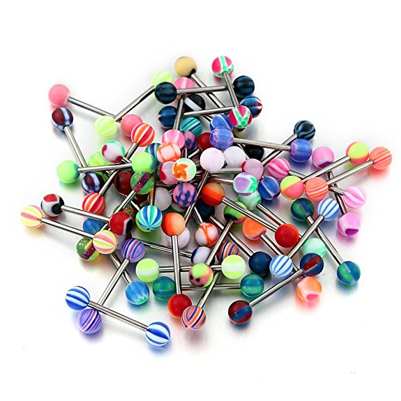 Vcmart 50pcs Tongue Rings 14G Assorted Surgical Steel Barbells