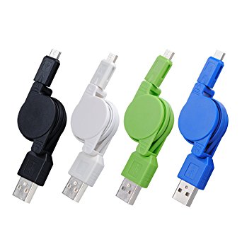 USB Retractable Cable, FiveBox Premium 4-Pack High Speed 2.5FT USB 2.0 A Male to Micro B Sync Data & Charge Cable for Android, Samsung Galaxy, HTC, LG, Sony, Blackberry and More Android Device