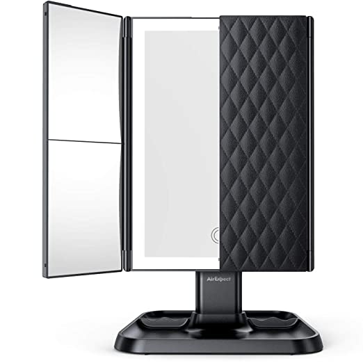 Makeup Mirror Vanity Mirror with Lights - 3 Color Lighting Modes 72 LED Trifold Mirror, Touch Control Design, 1x/2x/3x Magnification, Portable High Definition Cosmetic Lighted Up Mirror (Black)