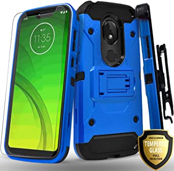 Revvlry Case,(T-Mobile) Moto G7 Play Case, [Not fit Revvlry  ] With [Tempered Glass Screen Protector Included], Full Cover Heavy Duty Dual Layers Phone Cover with Kickstand and Locking Belt Clip-Blue
