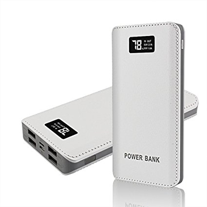 DCAE 20000mAh Portable Power Bank Digital LED Portable Charger High Capacity External Battery With most powerful 4-USB output Ports for iPhone 6/7/7 Plus, Samsung, HUAWEI, PSP, Camera and more (White-Gray)