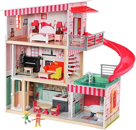 TOP BRIGHT Dollhouse with Furniture and Dolls, Wooden Doll House for Little Girls 3 4 5 Year olds, 18 Furniture with Sounds and Lights