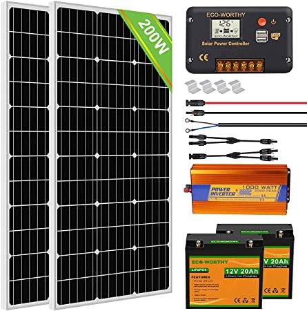 ECO-WORTHY Solar Power System for RV Off Grid Solar Panel Kit with Battery and Inverter : 2pcs 100W 12V Solar Panel   20A Charge Controller   2pcs 20Ah Lithium Battery   1000W Solar Inverter