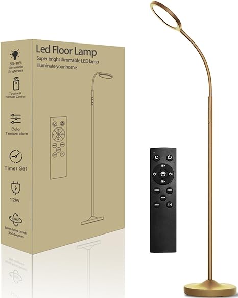 LED Floor Lamps for Living Room, Bright Modern Reading Floor Lamp with Stepless Adjust Color Temperatures & Brightness, Standing Lamp with RF Remote & Touch Control（Golden）