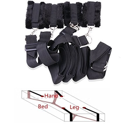 Under Bed Wrist and Ankle Handcuffs SM Sex Games Long Plush Furry Bed Restraint Bondage with Adjustable Straps For Male Female Couple - Black