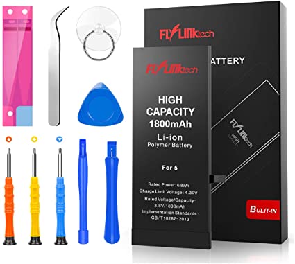 Flylinktech for iPhone 5 Battery, 1800 mAh High Capacity Li-ion Battery with Repair Tool Kit -Included 24 Months Assurance