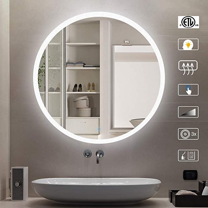Led Lighting Bathroom Mirror, Large Wall Mount Vanity Mirror,Round Frameless Mirror with Magnifying Mirror,32 Inch Lighted Mirror with Dimmer Switch,Horizontal/Vertical,Anti-Fog