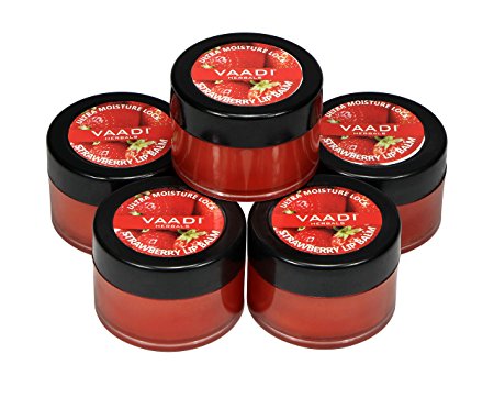 Vaadi Herbals Lip Balm - Ultra Moisturizer Lock - Strawberry & Honey Flavor - All Natural - Pack Of 5 X 10 Gms In Tin -