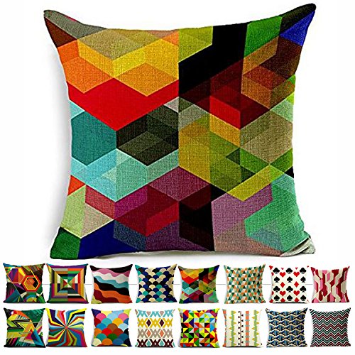 SUSYBAO Luxury Quality Cotton Linen Square Canvas Decorative Throw Pillow Cover Pack of 1 for 18 x 18 Pillow Inserts in Sofa Home Car Couch(Colorful Geometry Pattern Style 11)