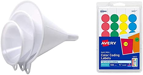 Nopro Plastic Funnel, Set of 3 & Avery Removable Print or Write Color Coding Labels, Round, 0.75 Inches, Pack of 1008 (5472)