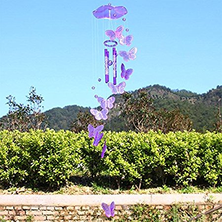 Soledi Creative Crystal Butterfly Mobile Wind Chime Bell Garden Ornament Lucky Gift Yard Garden Living Hanging Decor Art Purple