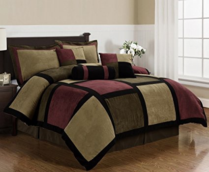 Chezmoi Collection Micro Suede Patchwork 7-Piece Comforter Set, King, Brown/Burgundy/Black