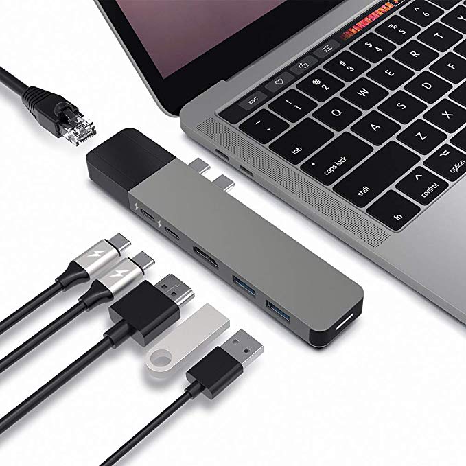 HyperDrive NET 6 in 2 multiport USB C to LAN Ethernet, 4K HDMI, Dual USB A, Thunderbolt 3 (40Gbps speed, 5K video, 100W PD), Compatible Type C adapter USB C hub for MacBook Pro, MacBook Air (Grey)