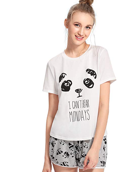 DIDK Women's Cute Cartoon Print Tee and Shorts Pajama Set