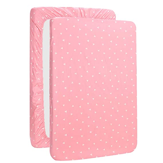 UOMNY Mini Crib Sheets Pink Triangle Pack n Play Playard Sheet Fitted Playard Mattress Sheet,100% Natural Cotton Mini Portable Crib Sheets for Boys and Girls 1 Pack