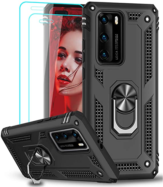 LeYi for Huawei P40 Case and 2 Tempered Glass Screen Protector, Ring Holder Military Grade Protective Silicone Shockproof Tough Armour Hard Mobile Phone Cover for Huawei P40 Black