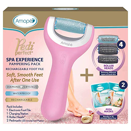 Amopé Pedi Perfect Spa Experience Pampering Pack, Wet & Dry Electronic Foot File, Waterproof, Rechargeable, Cordless, Dual Speed Includes 5 Rollers & 2 Pedimask