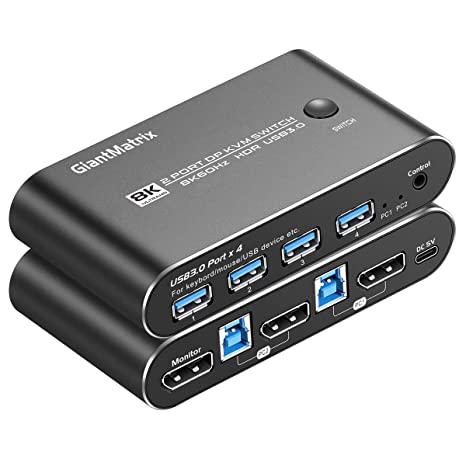 DP2.0 USB 3.0 DisplayPort KVM Switch 2 Port DP 1.4 EQ for 2 Computers Share Keyboard Mouse Printer and one Monitor Peripherals Selector Box 8K@60Hz 4K@240Hz 4K@60Hz 4K@144Hz 4K@175Hz 2K@144Hz