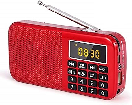 J-725C Small Portable Radio FM Digital Radio with Alarm Clock, 3000mAh Rechargeable Battery Operated, USB TF Card AUX MP3 Radio, LED Emergency Flashlight, by PRUNUS(Red)