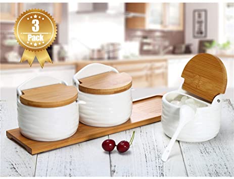 June Sky Sugar and Cream Set,Ceramic Sugar Containers with Lid and Spoon - Porcelain White Salt Boxes, Perfect Gift for Kitchen Home,8.8 fl oz 260ML