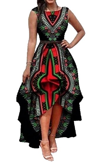 ARTFFEL-Women Fashion African Dashiki Print Sleeveless High-Low Cocktail Dress