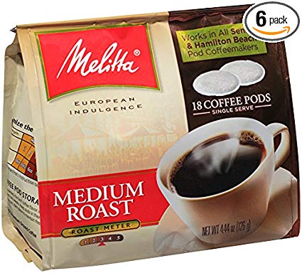 Melitta Coffee Pods for Senseo and Hamilton Beach Pod Brewers, Medium Roast, 4.44 oz bags (Pack of 6, 18 Count Each)