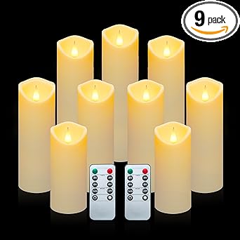 Aignis Flickering Flameless Candles with 10-Key Remote Timer, Set of 9 Battery Operated LED Candles Outdoor Heat Resistant for Home/Halloween/Christmas Exquisite Decor