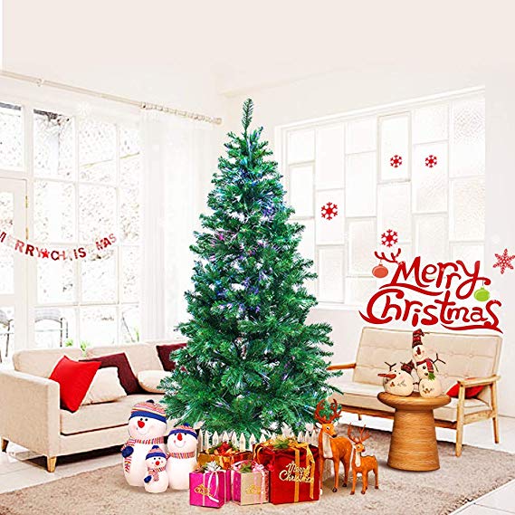 Signstek 6FT Pre-Lit Fiber Optic Christmas Tree, Premium Artificial Spruce Hinged Christmas Tree with 550 PVC Tips, 21 Flash Modes and Solid Metal Stand