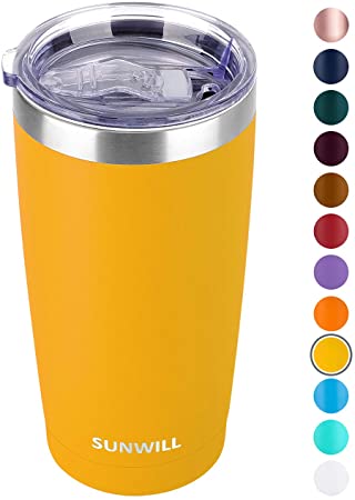 SUNWILL 20oz Tumbler with Lid, Stainless Steel Vacuum Insulated Double Wall Travel Tumbler, Durable Insulated Coffee Mug, Powder Coated Yellow, Thermal Cup with Splash Proof Sliding Lid