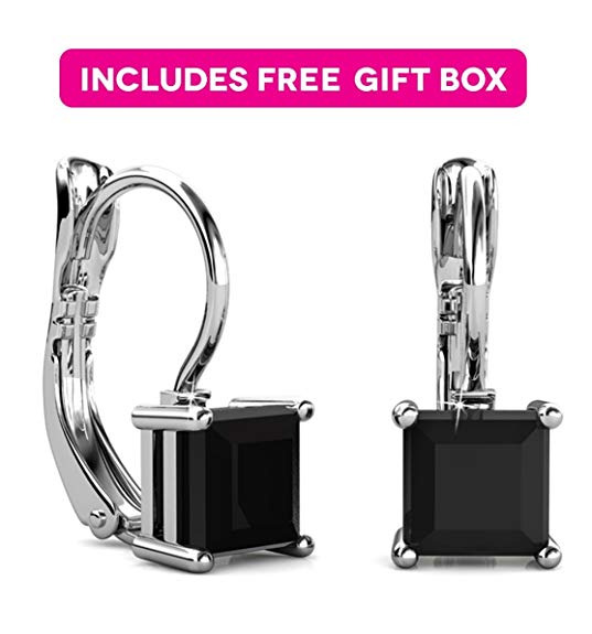 Jade Marie BLISSFUL Black Crystal Silver Earrings, 18k White Gold Plated Dangle Earring Set with Black Onyx Princess Cut Solitaire Swarovski Crystals, Hypoallergenic Earrings, Bridesmaid Jewelry
