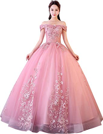 Okaybrial Women's Sweet 16 Quinceanera Dresses Blush Pink Off Shoulder Lace Long Prom Ball Gowns Plus Size