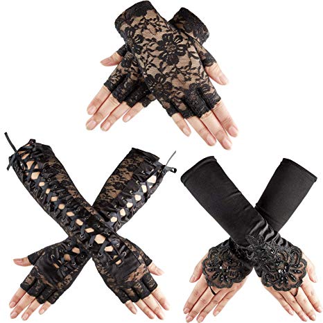 3 Pairs Lace Fingerless Gloves Elbow Lace Up Gloves Black Lace Satin Gloves Black Bridal Short Gloves