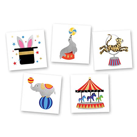 Circus Variety Set includes 25 assorted premium waterproof colorful metallic gold/silver/black kids temporary foil Flash Tattoos, party favor