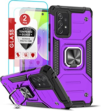 LeYi for Samsung Galaxy A52 Case with 2 Pack Tempered Glass Screen Protector, Kickstand Stand Military Grade Protective Silicone Shockproof Tough Hard Mobile Phone Cover for Samsung Galaxy A52 Purple