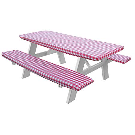 HomeCrate Checkered 72 Inch Picnic Table and Bench Fitted Tablecloth Cover, 3-Piece, Red