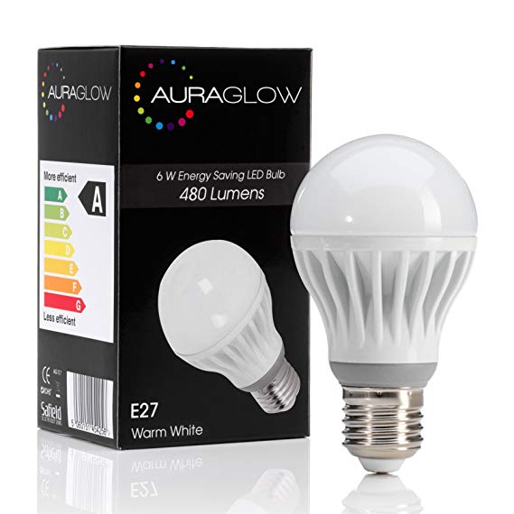 AURAGLOW 6w LED E27 Screw Light Bulb, Warm White, 40w Equivalent