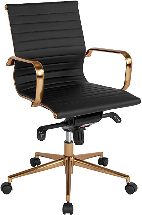 Flash Furniture Mid-Back Black Ribbed Leather Executive Swivel Office Chair with Gold Frame, Knee-Tilt Control and Arms