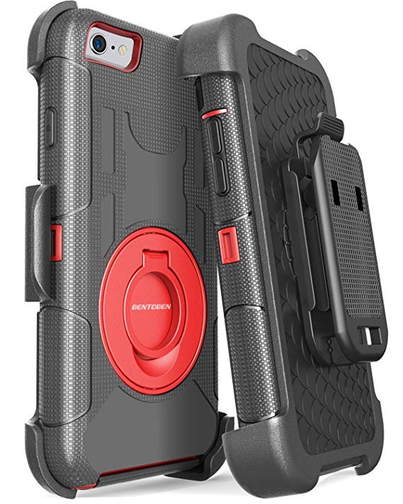 BENTOBEN Case iPhone 6/6S, 4 in 1 Hybrid Shockproof Heavy Duty Rugged Full Body Protective Cover Built-in Rotating Kickstand Swivel Belt Clip Holster Case iPhone 6/6S, Red/Black