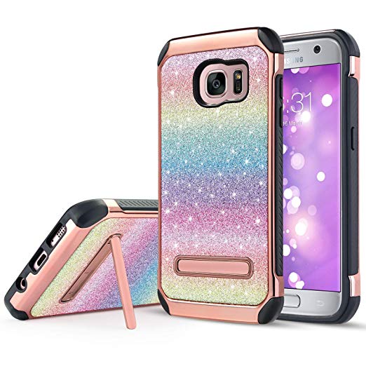Galaxy S7 Case, UARMOR Luxury Glitter Bling Rugged Shockproof Dirtproof Hybrid Slim Sparkly Shiny Faux Leather Chrome Hard Case Cover for Samsung Galaxy S7， Colorful