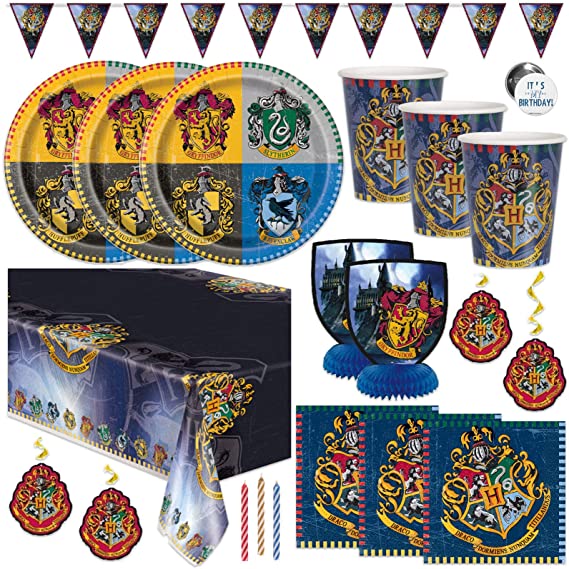 Harry Potter Themed Birthday Party Supplies Set - Serves 16 - Banner Decoration, Centerpieces, Table Cover, Plates, Cups, Napkins, Candles, Button