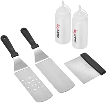 Skyflame BBQ Flat Top Griddle Accessories Kit, 5-Pieces Heavy Duty Stainless Steel Spatula Set, Commercial Grade Scraper Spatula Turner and Bottles - Great for Camping, Teppanyaki, Outdoor Barbecue