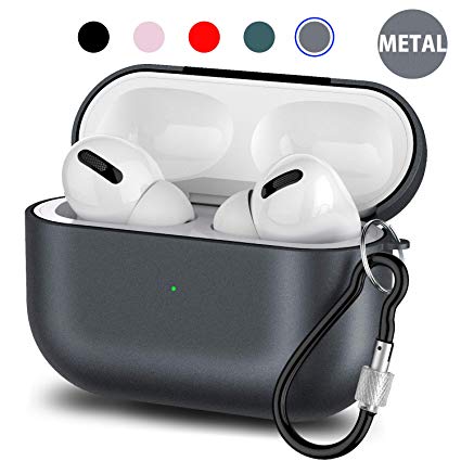 Metal Airpods Pro Case Cover, Upgraded Protective Skin Accessories Compatible Airpods Pro Wireless Charging with Keychain [Front LED Visible] (Dark Grey)
